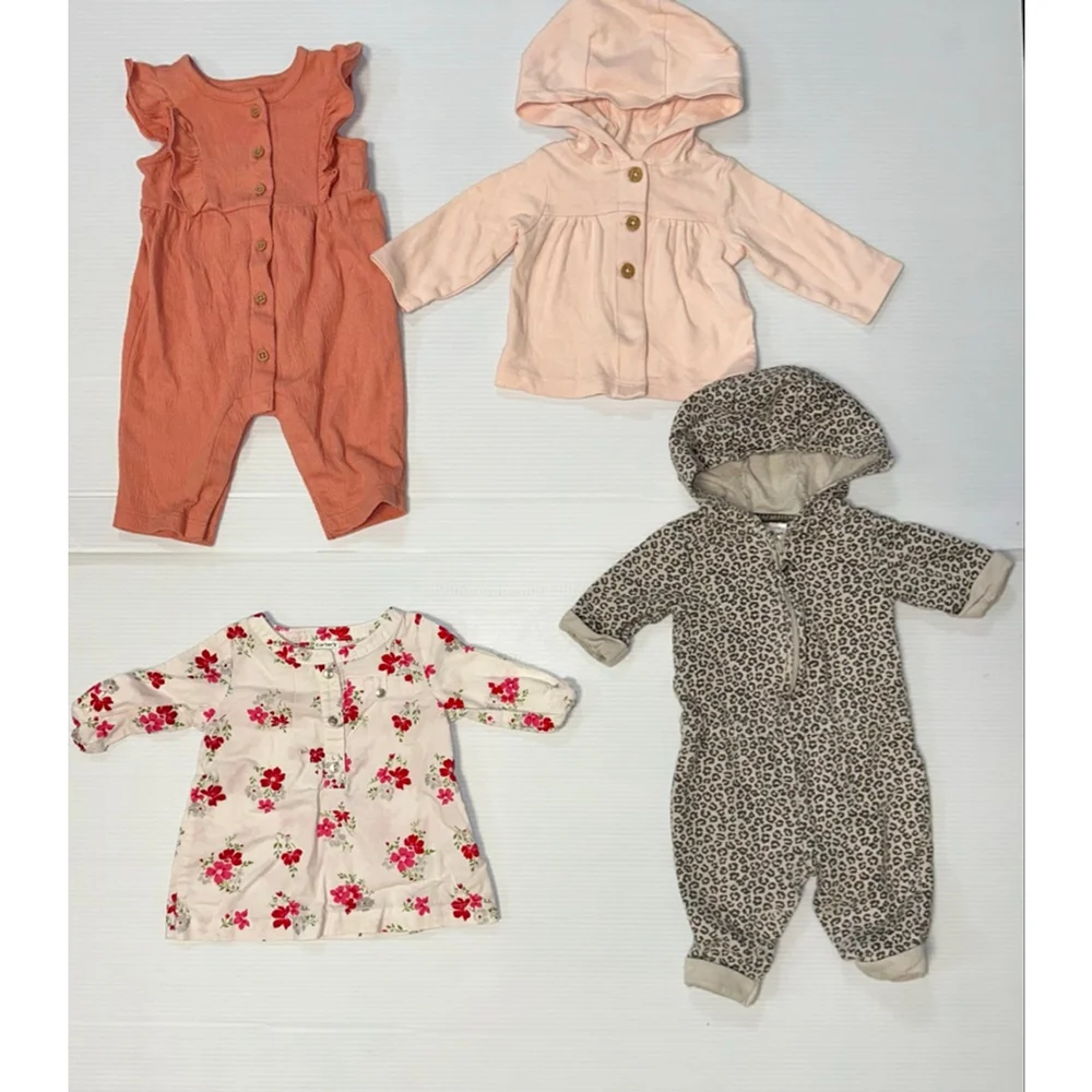 Lot of 4 Baby Girl Carter's Coral Ruffle Romper Jacket Top 3 Months Bundle